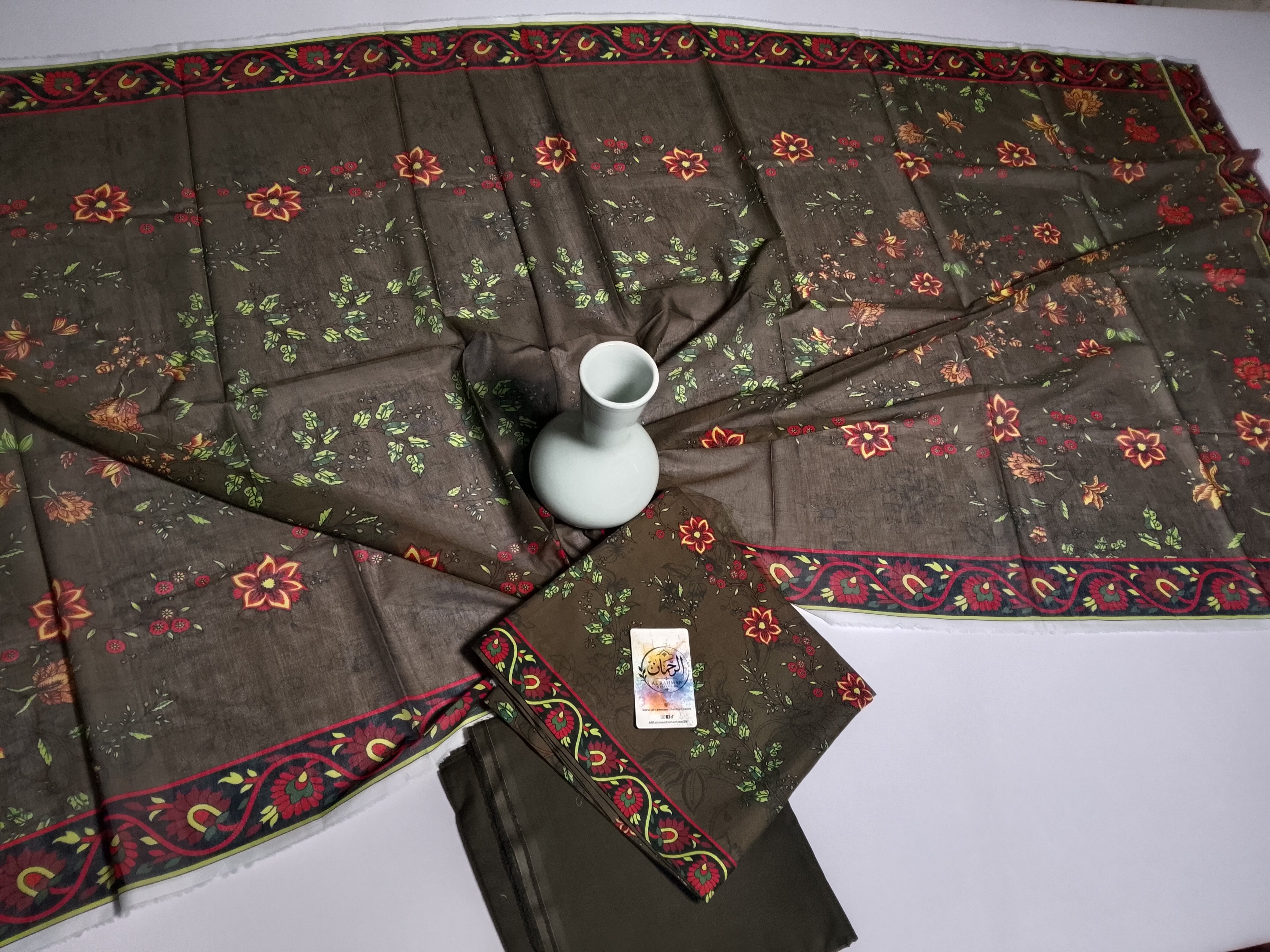 Elegant Deep Olive Unstitched 3 Piece Lawn Suit