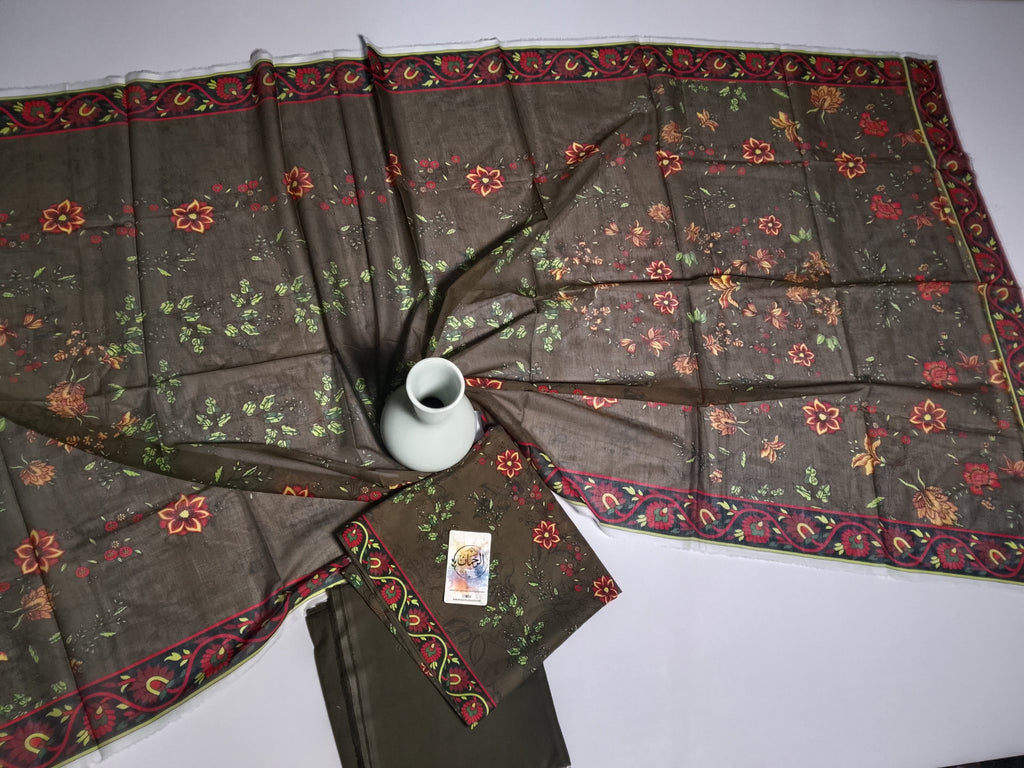 Elegant Deep Olive Unstitched 3 Piece Lawn Suit