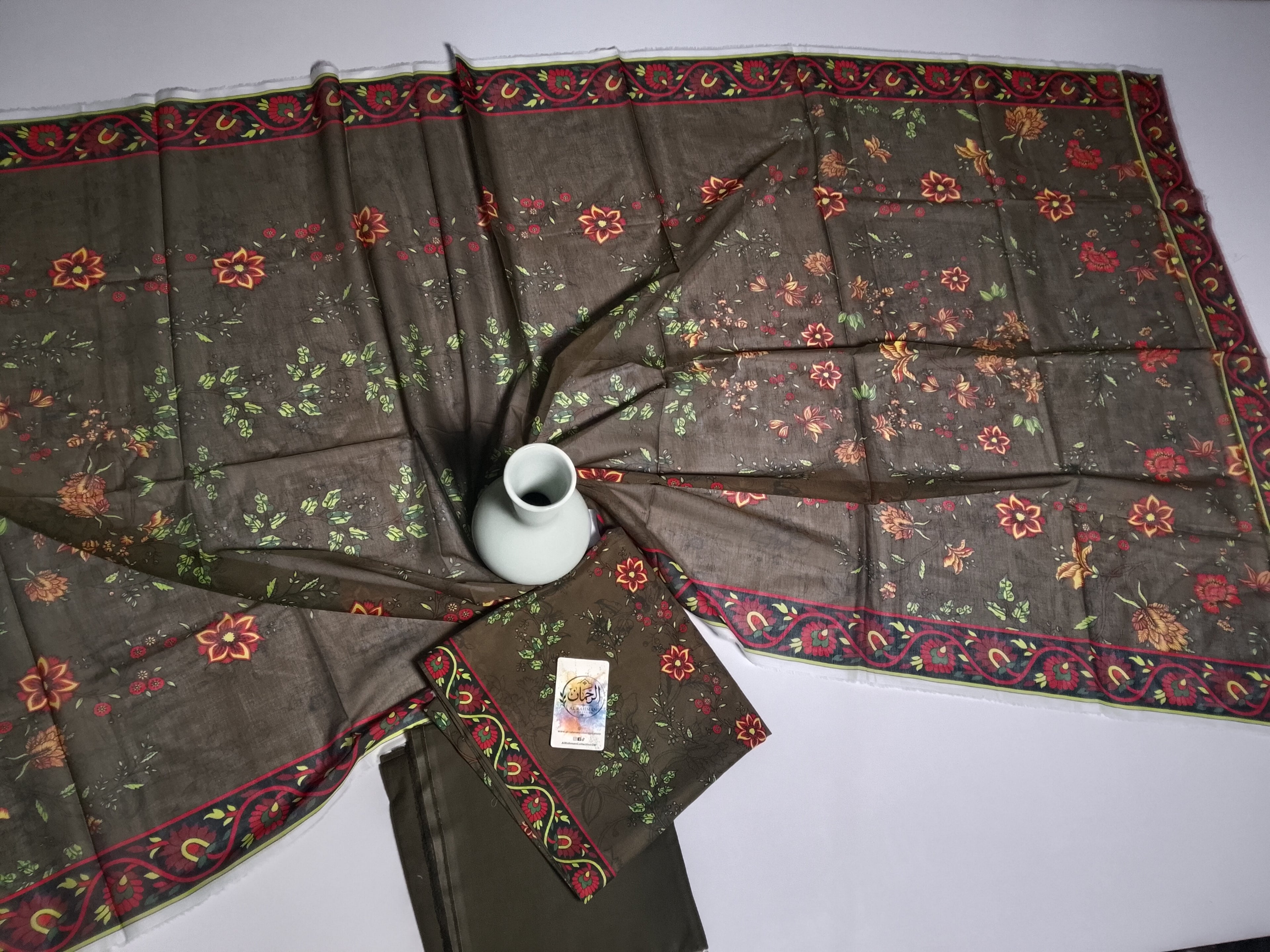 Elegant Deep Olive Unstitched 3 Piece Lawn Suit
