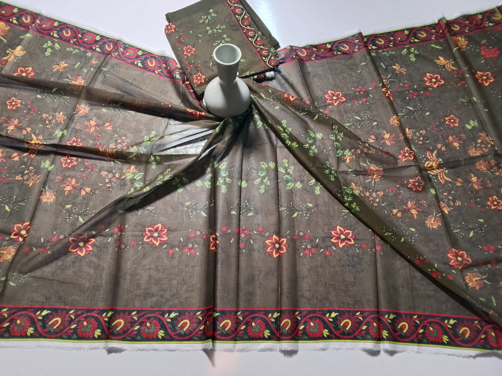 Elegant Deep Olive Unstitched 3 Piece Lawn Suit