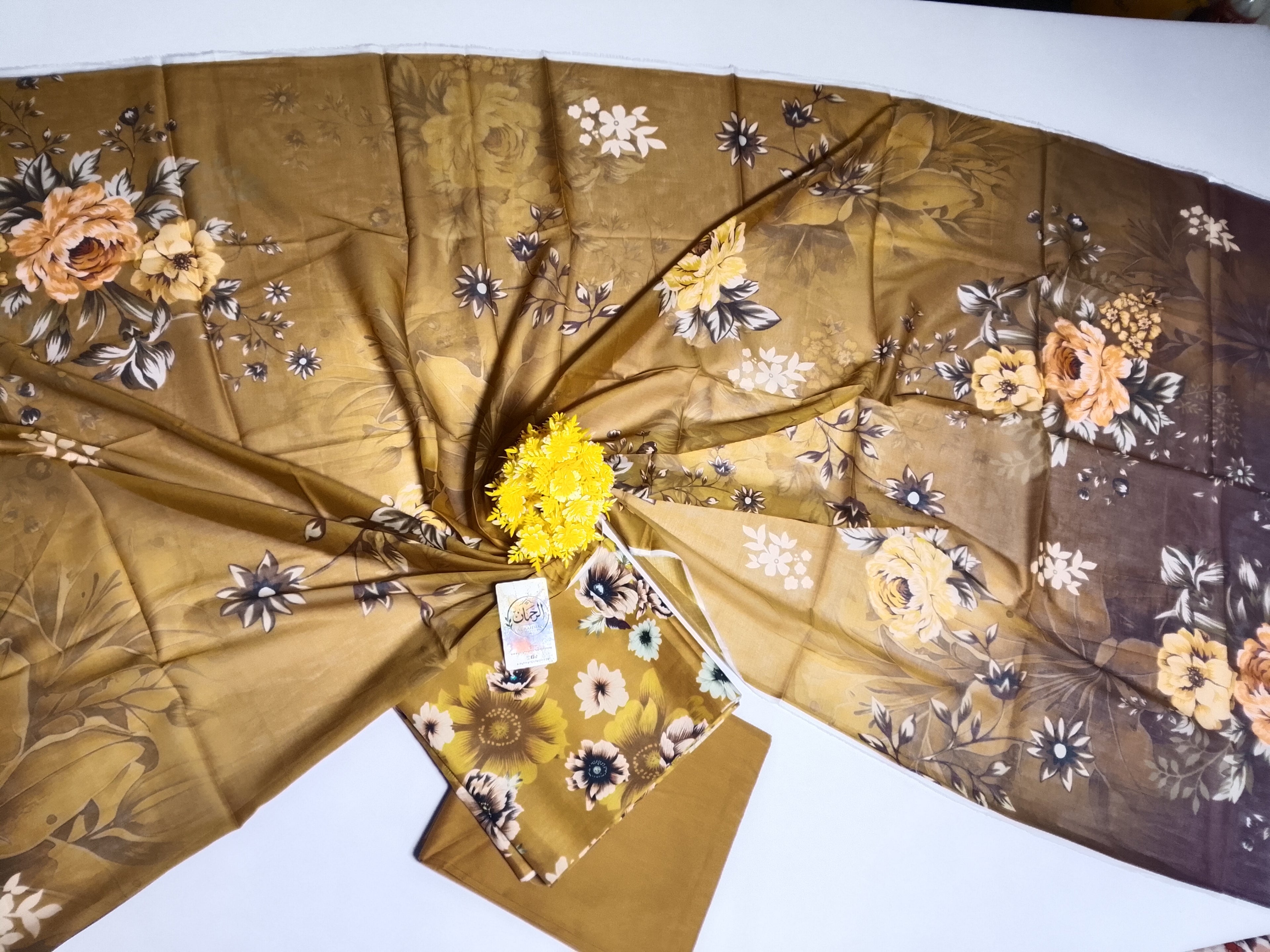 Elegant Mustard Yellow Unstitched 3 Piece Lawn Suit