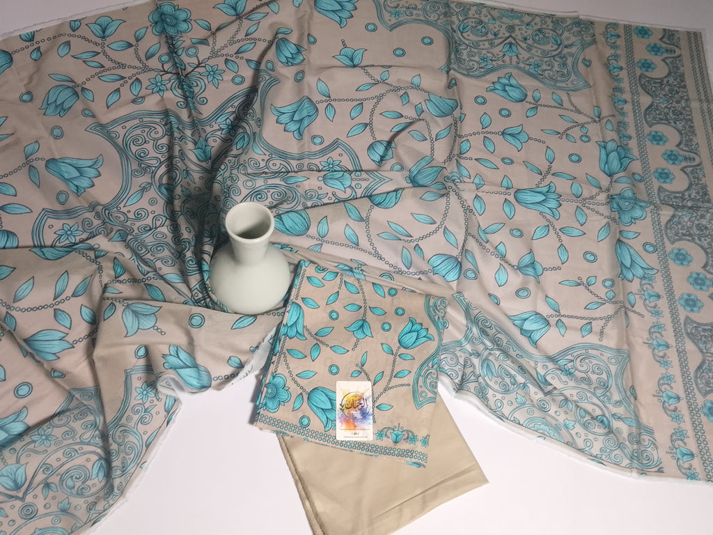 Elegant Cream Beige Unstitched 3 Piece Lawn Suit