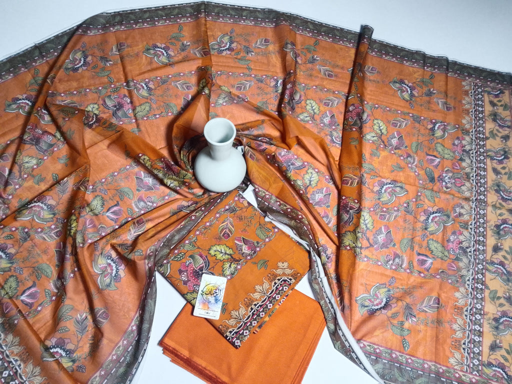 Vibrant Orange Unstitched 3 Piece Lawn Suit |