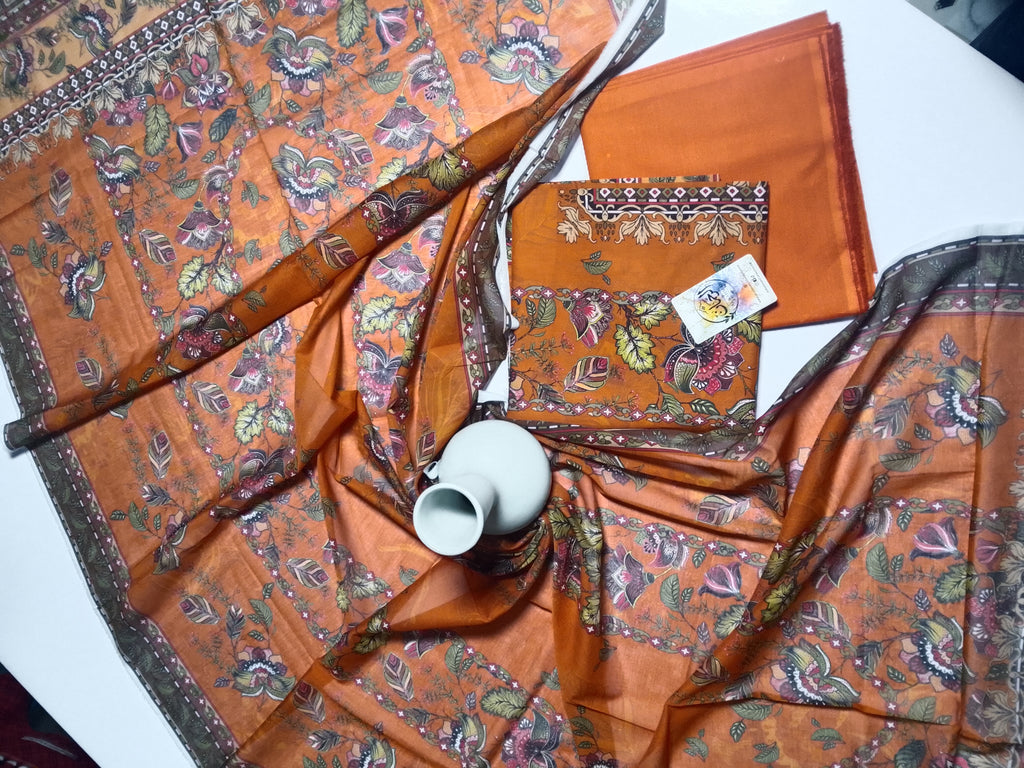 Vibrant Orange Unstitched 3 Piece Lawn Suit |