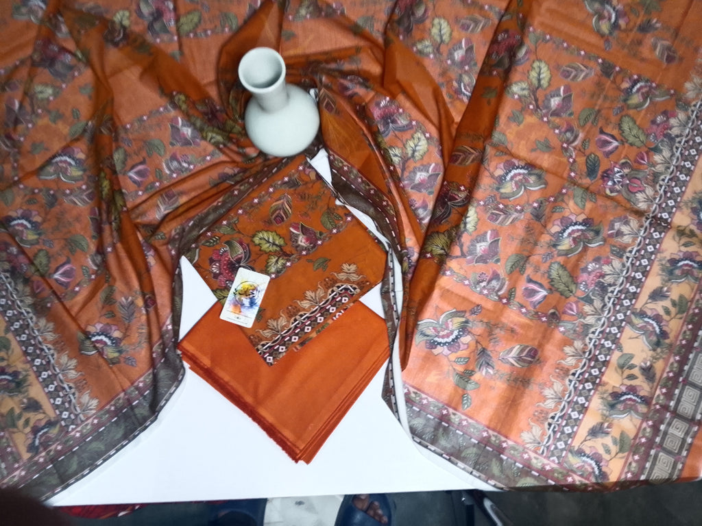 Vibrant Orange Unstitched 3 Piece Lawn Suit |