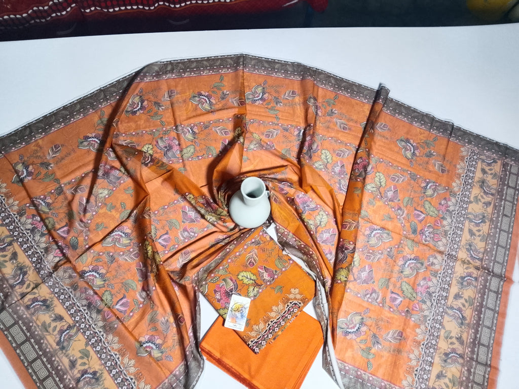 Vibrant Orange Unstitched 3 Piece Lawn Suit |